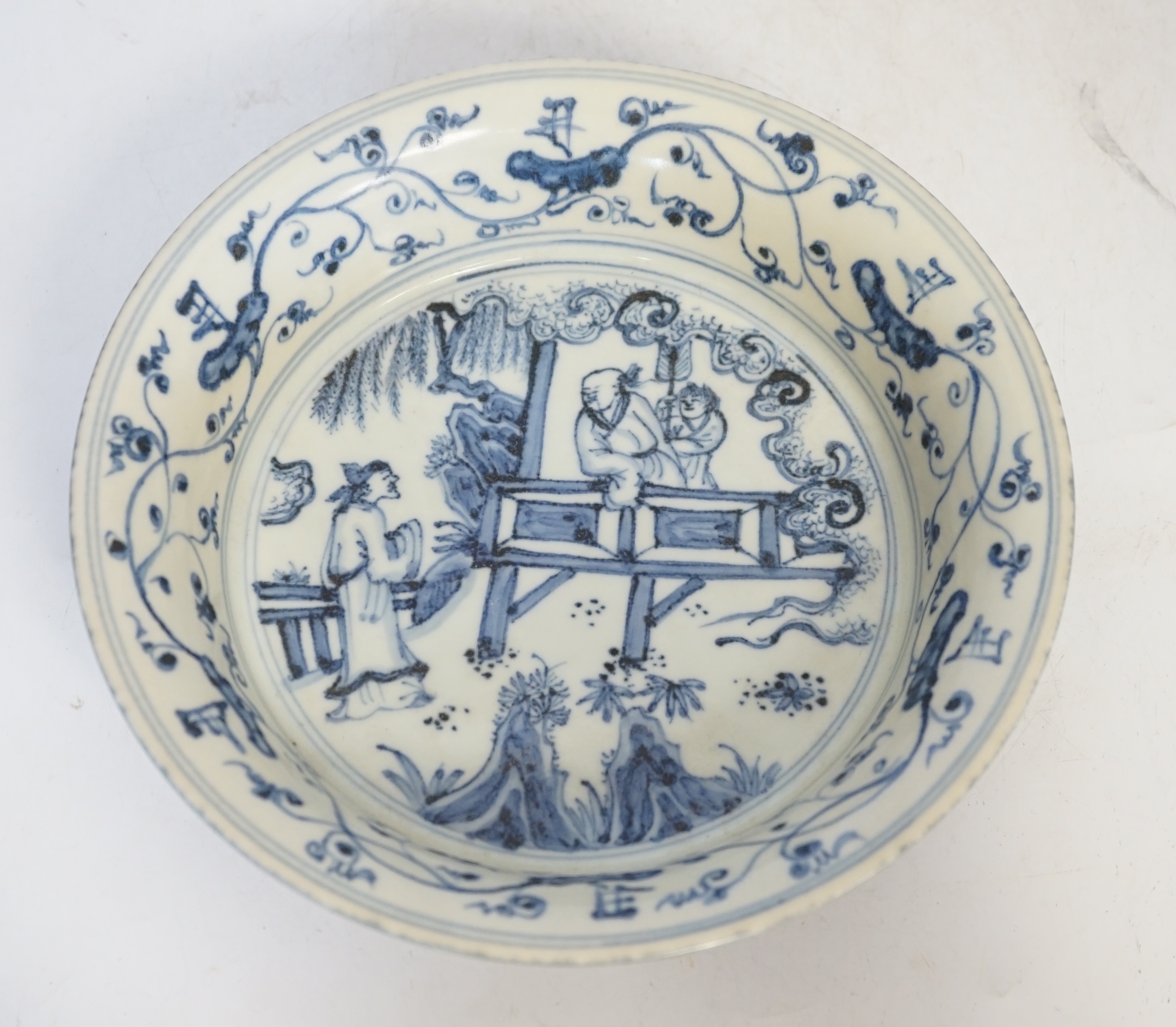 A Chinese blue and white figural bowl, 23cm in diameter. Condition - good